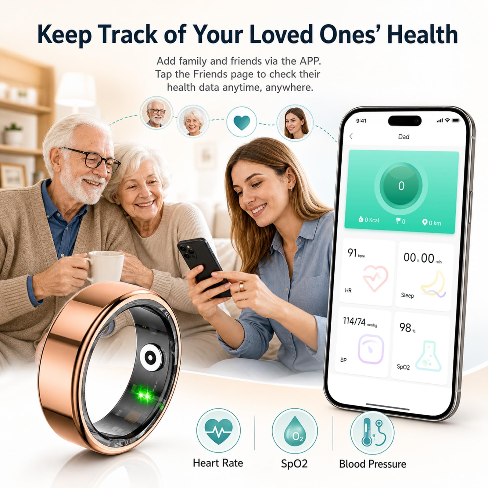 Anillo inteligente para mujeres y hombres, IP68 resistente al agua con monitor de frecuencia cardíaca, oxígeno en sangre y sueño, anillo de seguimiento de salud compatible con iOS y Android