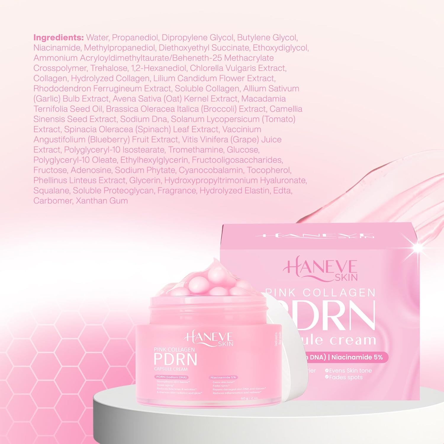 Pink Collagen PDRN Capsule Cream – Hydrating & Radiance-Boosting Face Moisturizer with PDRN (Sodium DNA), Niacinamide 5% & Collagen Capsules – 60g / 2 oz