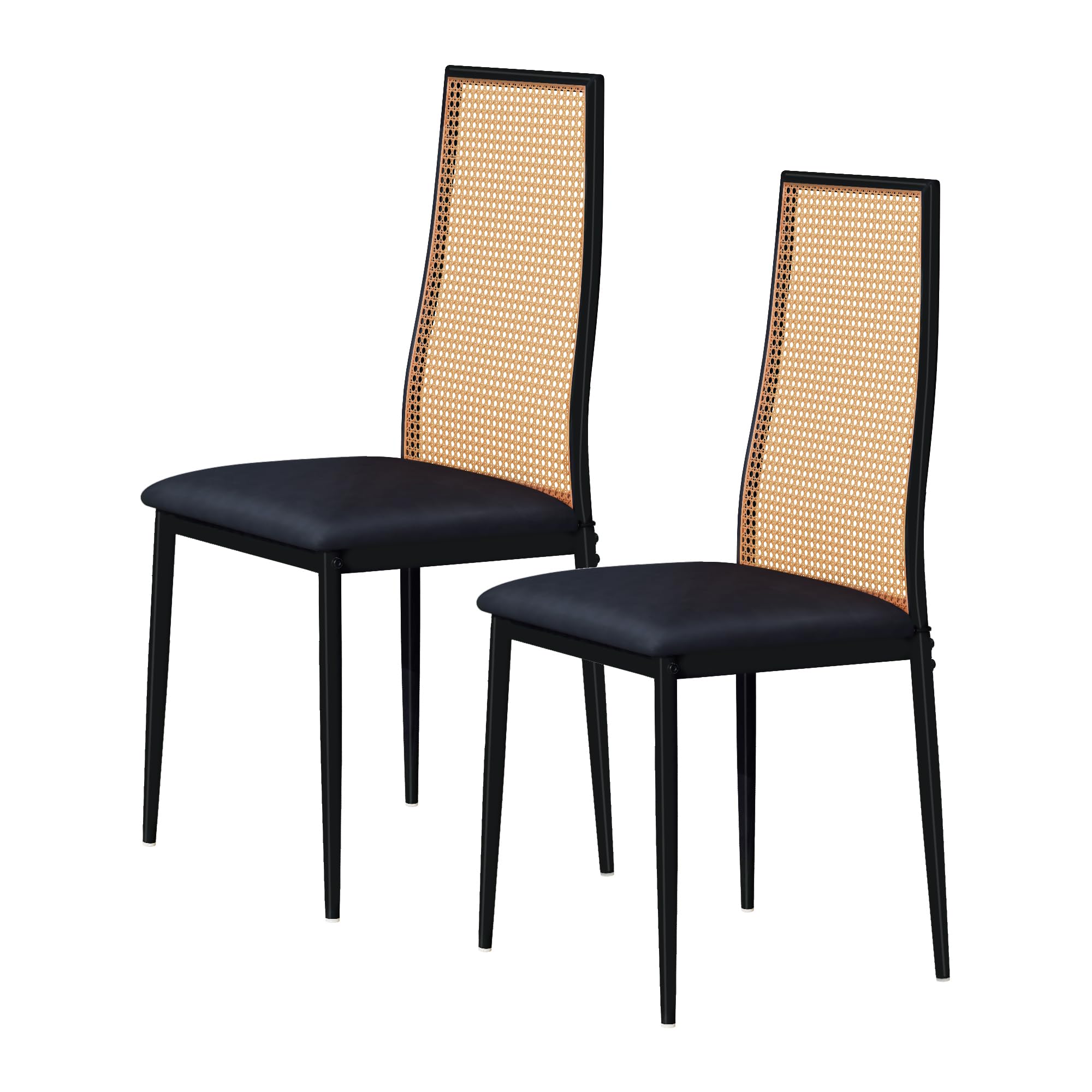 Krzesło do jadalni, zestaw 2 sztuk, czarne krzesło do jadalni, krzesło do jadalni z oparciem PE rattanem i metalowymi nogami, krzesło bistro w stylu vintage z wyściełanym krzesłem do jadalni, salonu