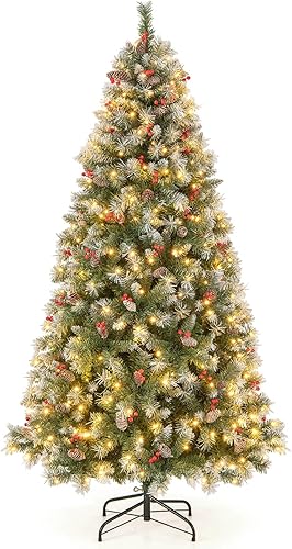 Miniatura 10 de GOFLAME Árbol de Navidad preiluminado de 5 pies, árbol de Navidad con bisagras con 450 puntas de ramas de PVC, 200 luces LED, 42 conos de pino y 126