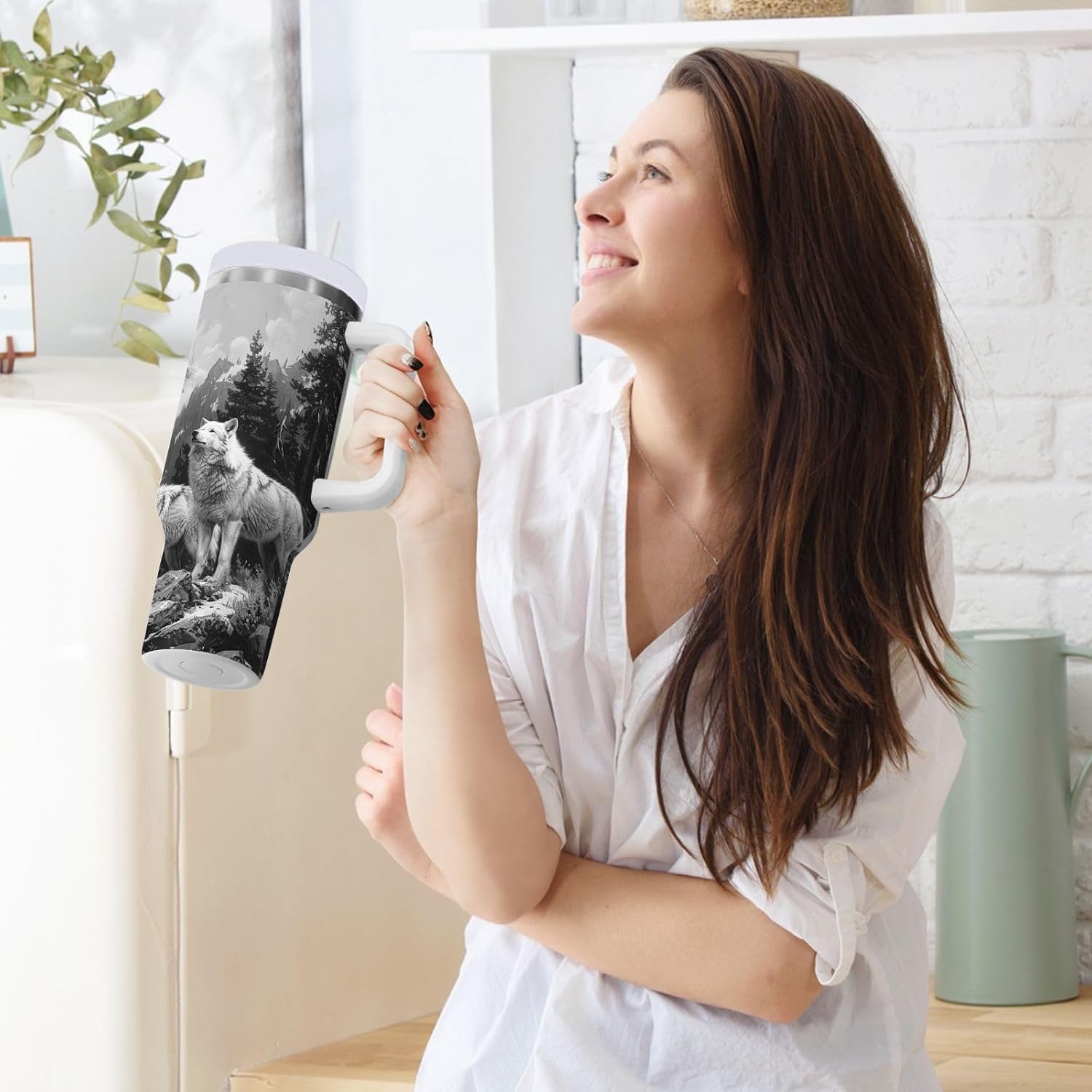 Nander 40oz Three Gray Wolf Tumbler with Handle and Straw Lid,Insulated Coffee Cup Reusable Stainless Steel Water Bottle Travel Mug Cupholder,Keeps Cold or Hot