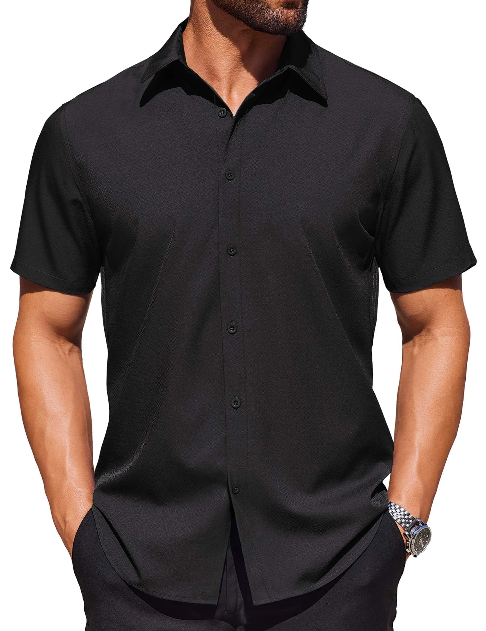 COOFANDY Mens Wrinkle Free Dress Shirt Polka Dot Short Sleeve Button Down Business Casual Shirts