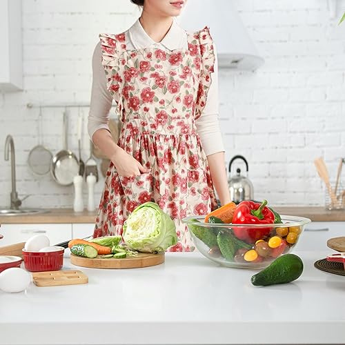 Miniatura 6 de Lindos delantales para mujer con bolsillos, delantal vintage, delantal retro con espalda cruzada para cocinar, cocina Floral rojo