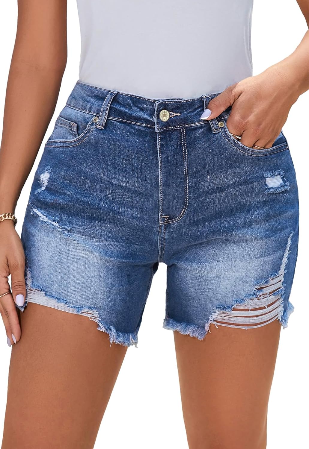 Metietila Casual Summer High Rise Denim Shorts Stretch Raw Hem Jean Shorts for Women