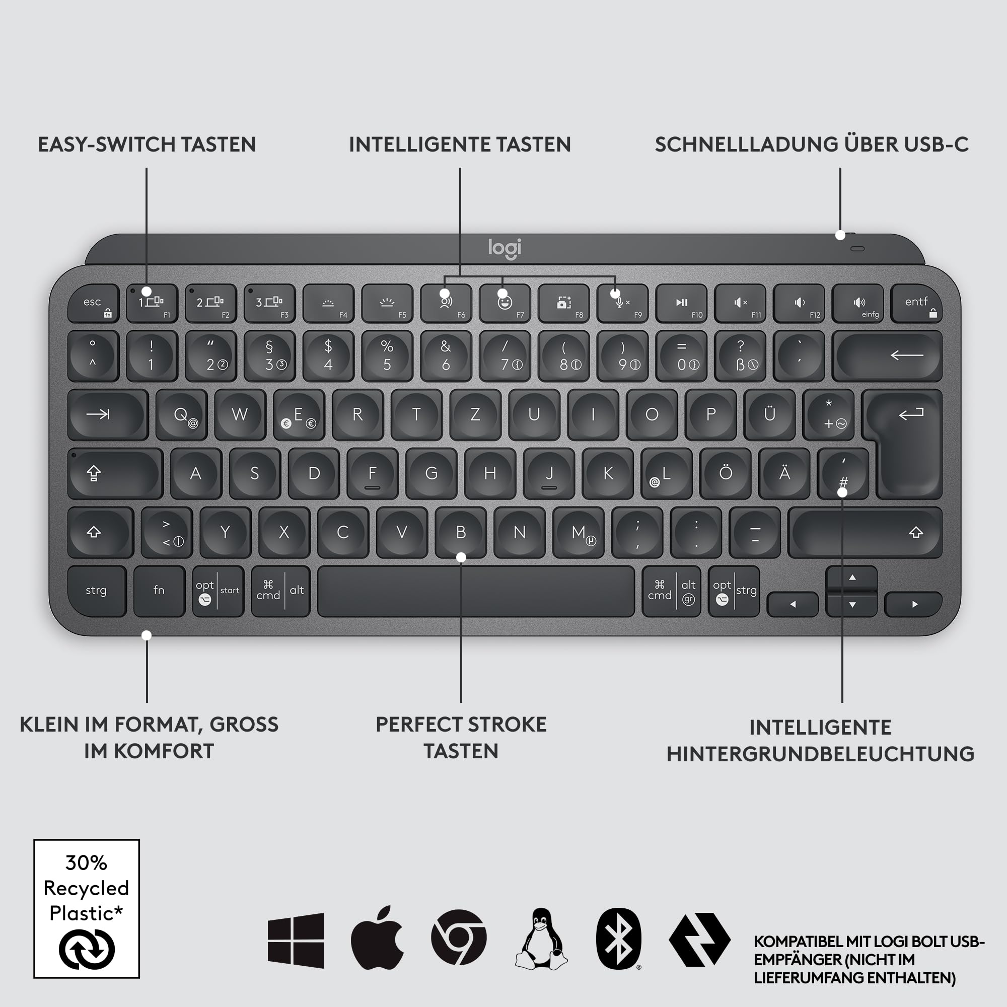 Logitech MX Keys Mini Kabellose Tastatur, Kompakt, Bluetooth, Hintergrundbeleuchtung, USB-C, Kompatibel mit Apple macOS, iOS, Windows, Linux, Android, Metallgehäuse - Dunkelgrau