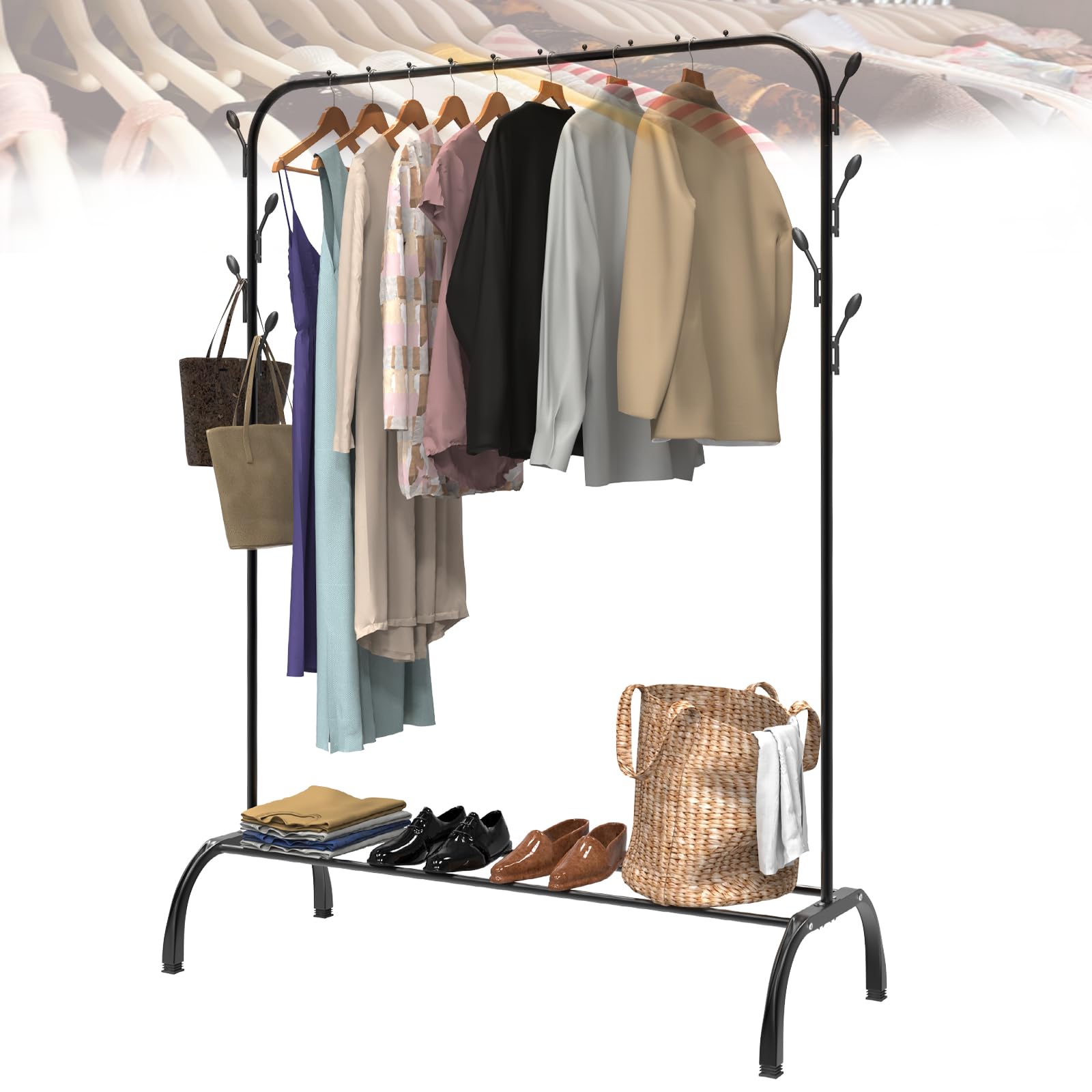 Clothes Rail Clothes Rack, 1.5M Clothing Rail Heavy Duty Clothes Rail Multifunctional Clothes Rails for Bedroom, Clothing Rack Hanging Rail with Top Rod, Side Hooks for Coats, Bags, Shoes, Boots