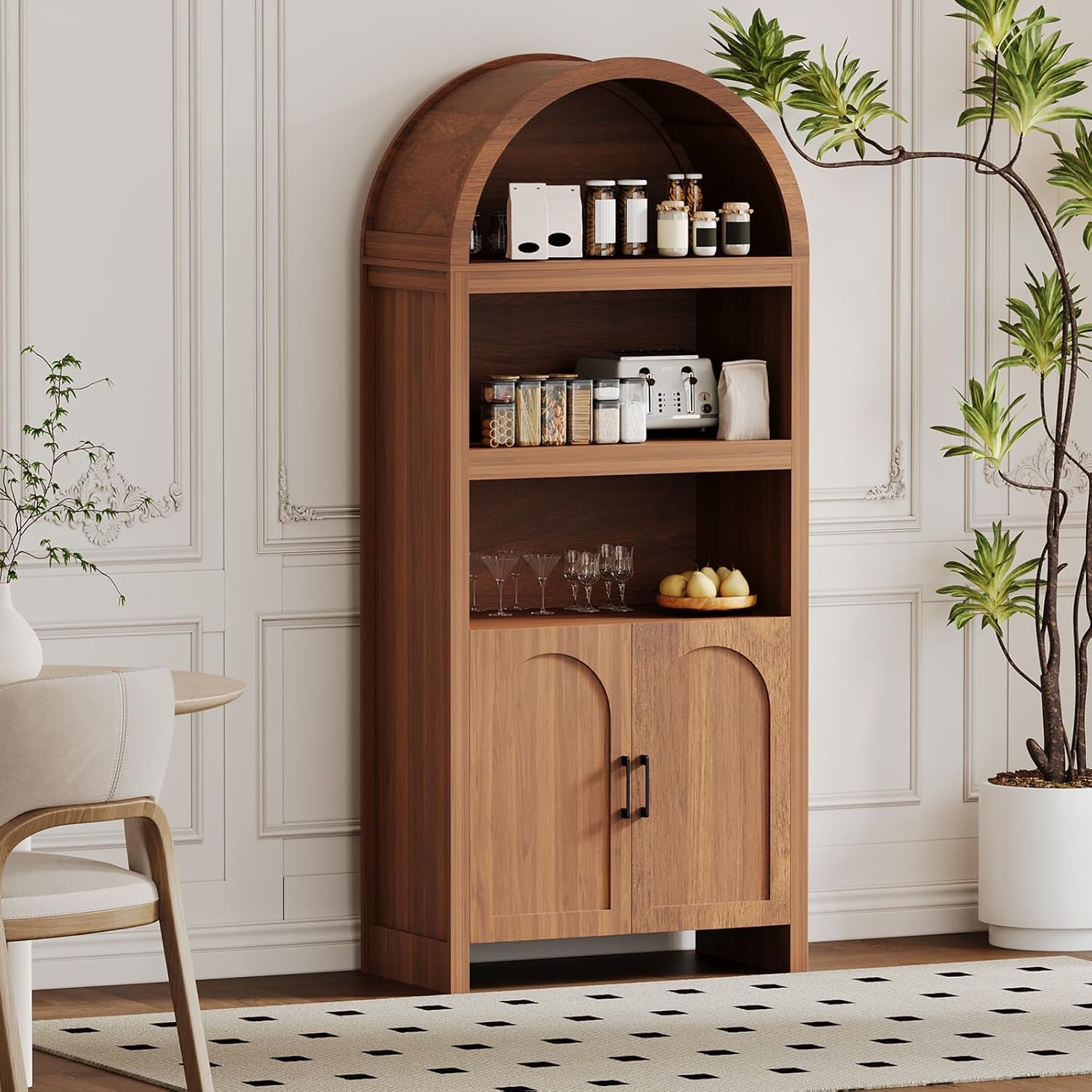 IDEALHOUSE 71" Tall Bookshelf Arched Cabinet with Storage, Mid-Century Bookcase Modern Wooden Kitchen Pantry Display Storage Cabinet with Open Adjustable Shelves for Living Room Home Office