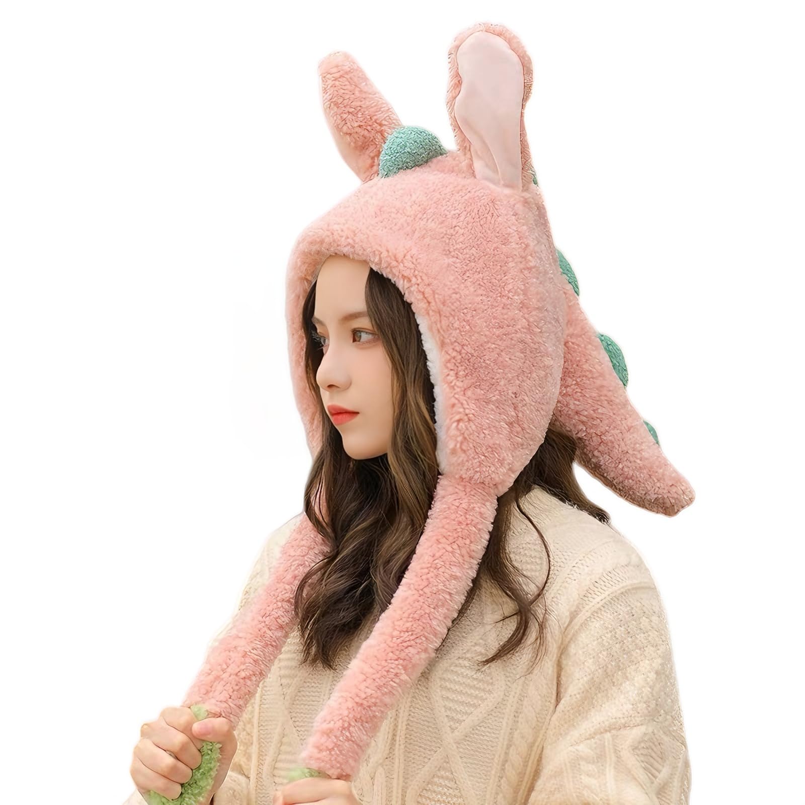XINGYAOGJ Animal Plush Hat with Moving Ear Winter Cute Furry Dinosaur Hat Adult Warm Soft Plush Cartoon Jumping Ears Cap Gift for Halloween Christmas Cosplay Party Headwear