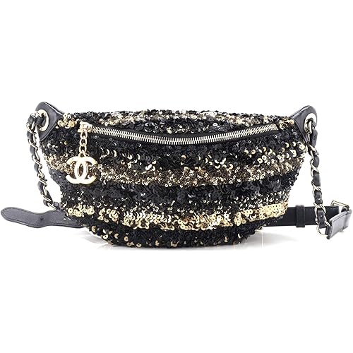 Chanel, Pre-Loved CC Charm Zip Waist Bag Sequins and Quilted Lambskin, Black