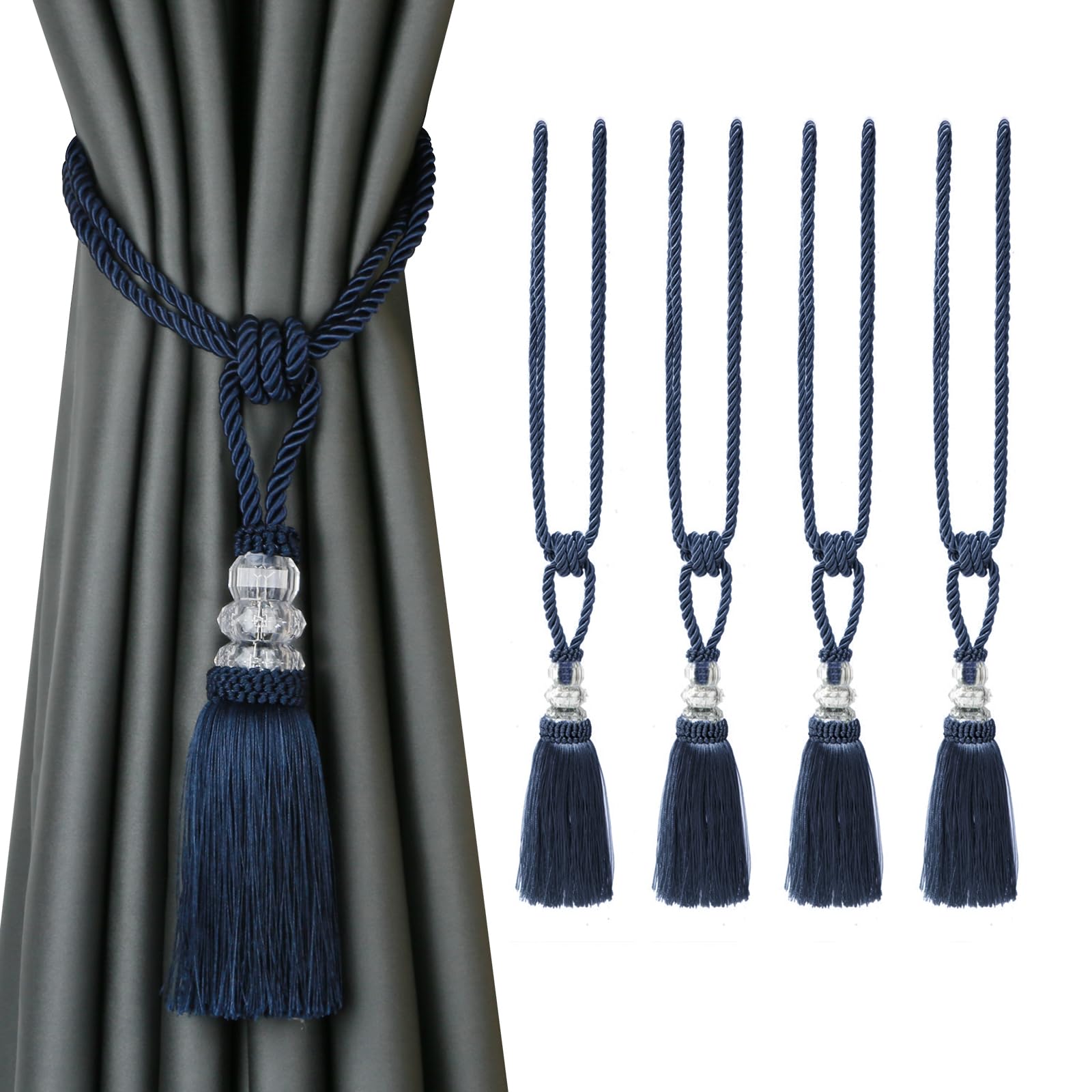 Tassel Curtain Tiebacks， Curtain Tiebacks Braided Crystal Rope 4 Pack Multicolor With Tassels(Navy)