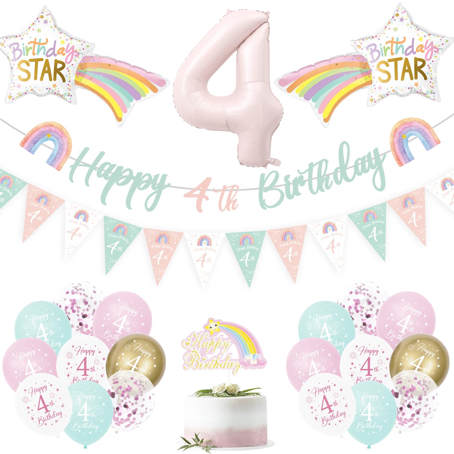 4th Birthday Decorations Girls, 4th Birthday Balloons For Girls, Green/Pink Decorations Set With Rainbow Balloons, Banner, Foil Number 4 Balloon
