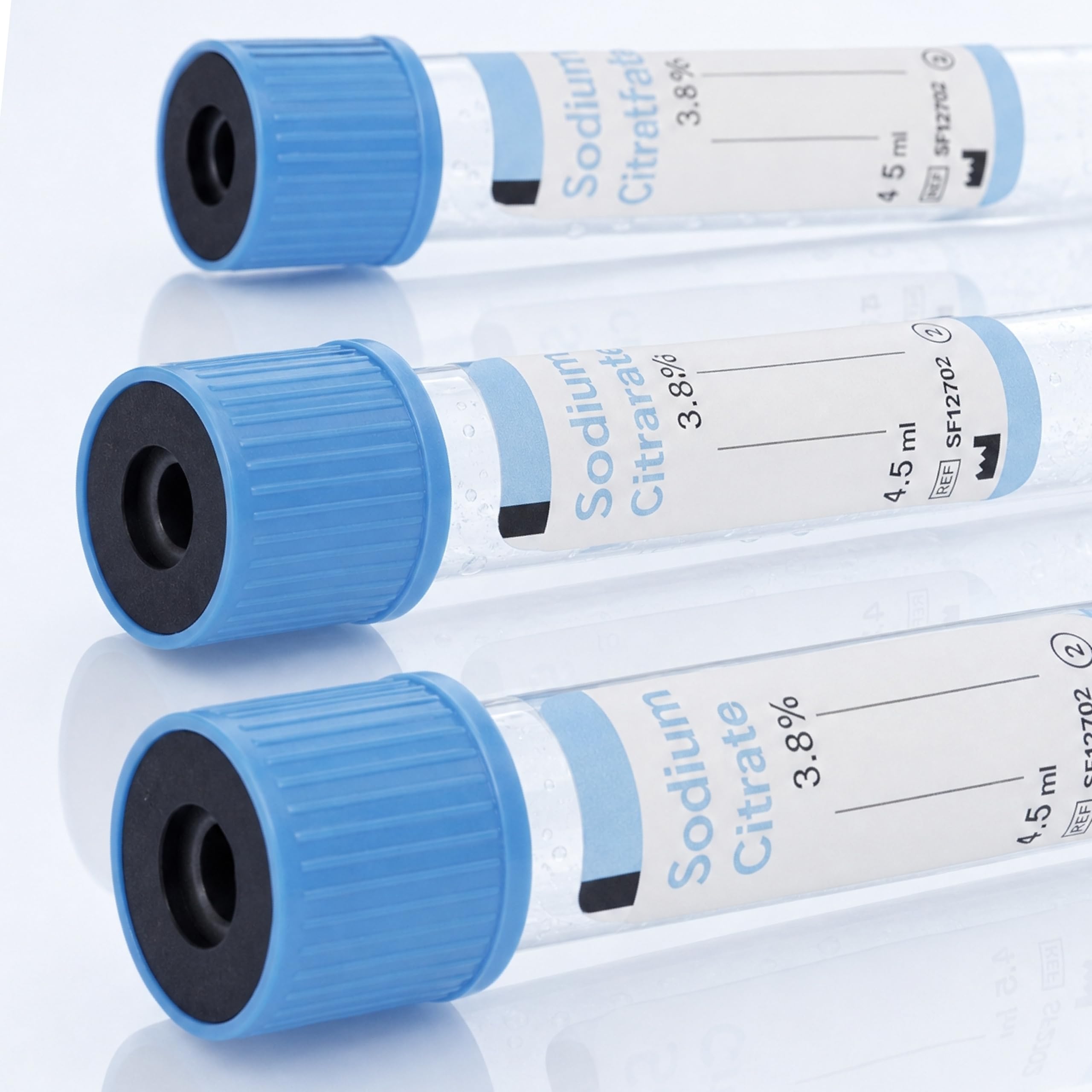 KMINA Tubos de Vacío (100 unidades) Citrato Sódico 3,8%, Aditivo Anticoagulante, 4,5 ml, 13 x 75 mm, Tapón Azul, Estériles, Para Muestras de Sangre, Uso Profesional