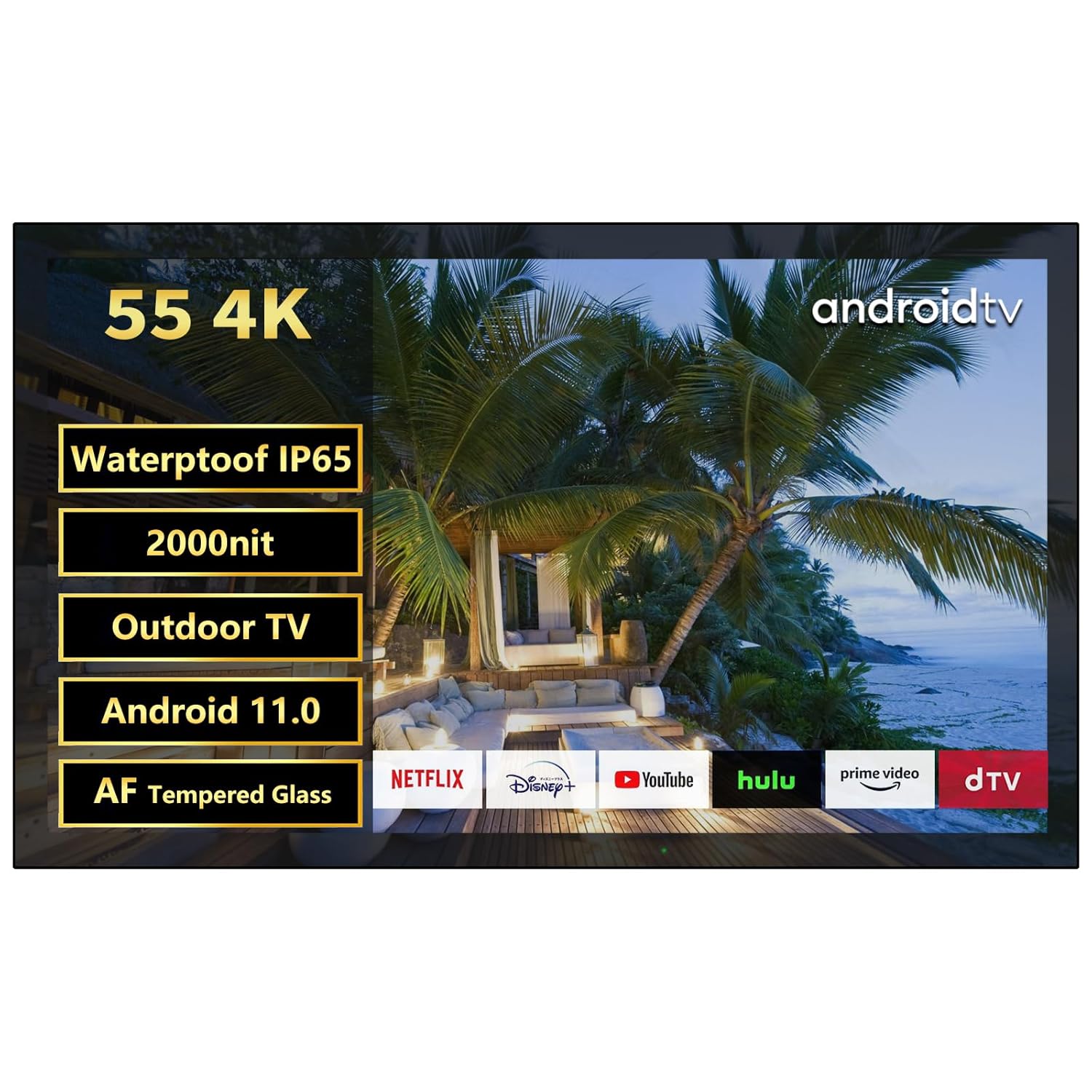 Soulaca 55 inches Waterproof Smart Android Outdoor TV 2000nits 4K Screen Weatherproof Television Support Bluetooth WiFi ATSC DTV