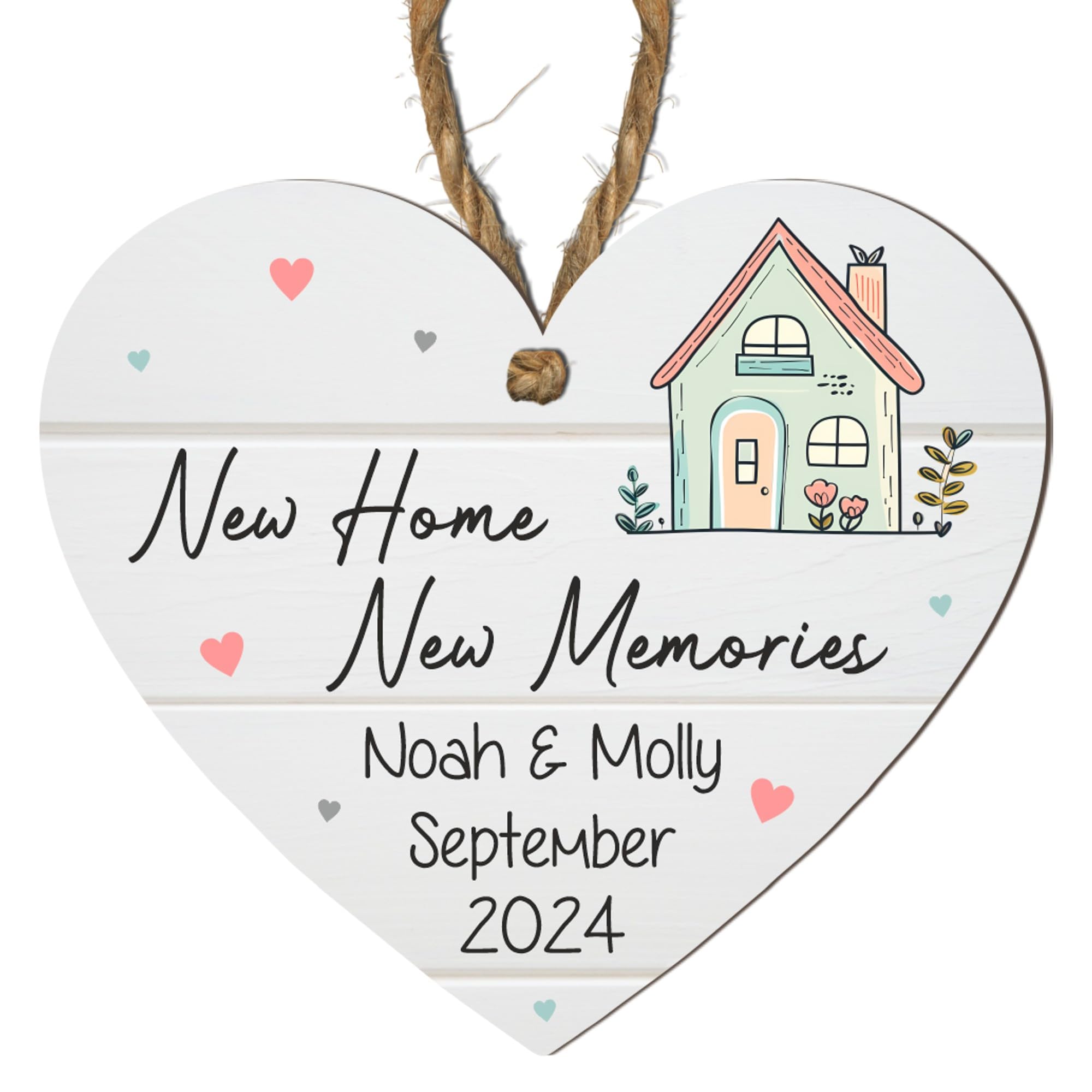 New Home, New Memories Personalised Heart Plaque - Customise with Names and Date - Perfect for Housewarming Gifts or Home Décor (Mint House, Mdf Wood Indoor Use Only)
