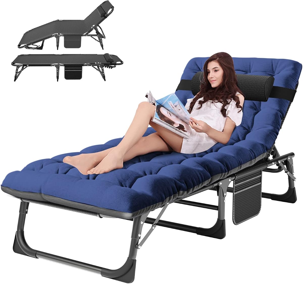 ABORON Tanning Chair, 5-Position Padded Folding Chaise Lounge | 5-position folding chaise lounge supports 400 lb and has a removable cushion and pillow for sunbathing, poolside or patio.