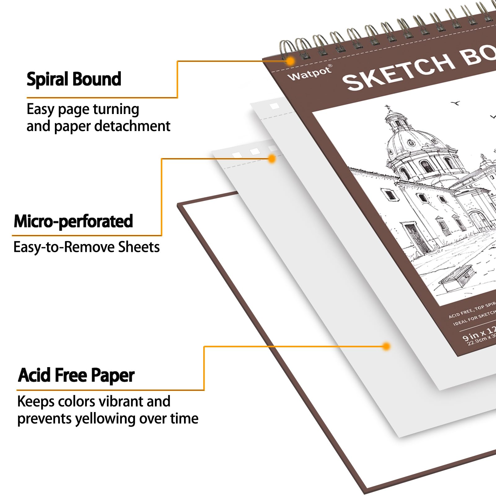 Cuaderno de bocetos de tapa dura de 9 x 12 pulgadas, bloc de bocetos encuadernado en espiral superior, 100 hojas de papel de dibujo de 70 libras/100 g/m², paquete de 2