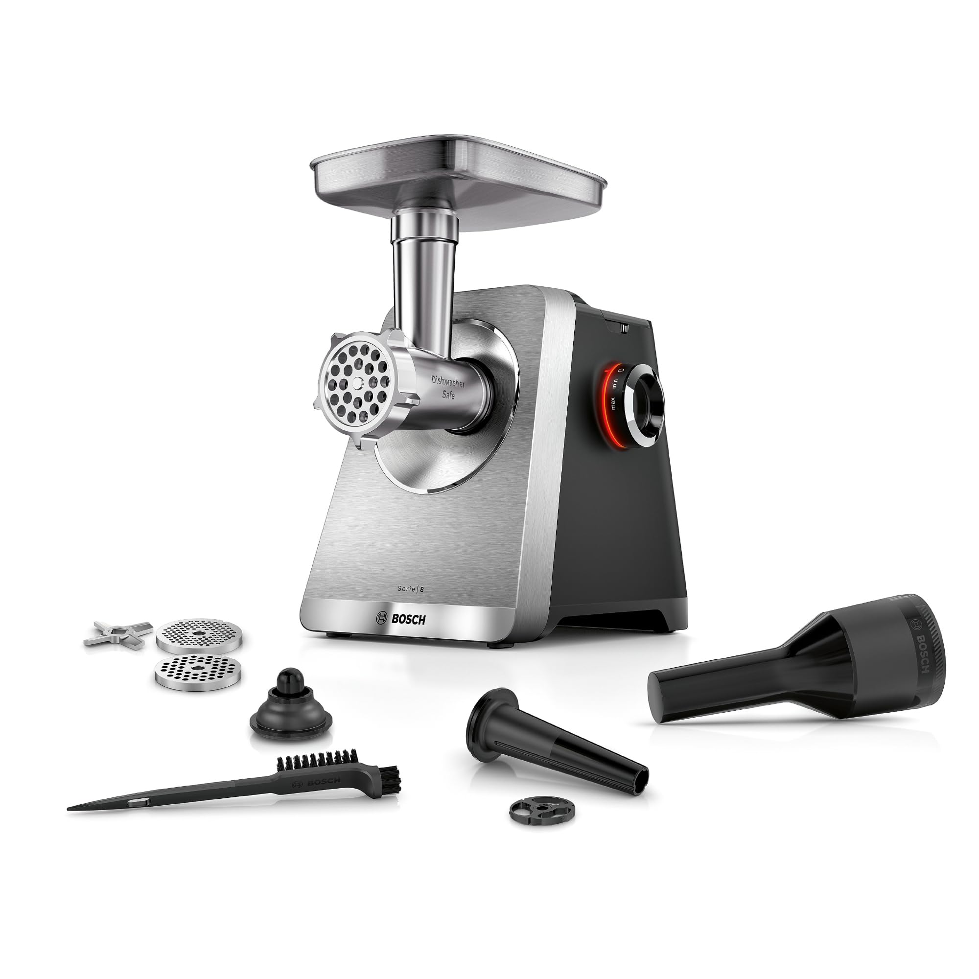 Bosch Fleischwolf Serie 8, 3 Lochscheiben (3/4,5 / 8mm), Edelstahl, spülmaschinenfest, Kebbe- & Wurst-Aufsatz, Motorblockleistung 2.500 W, elektrisch, MultiPower MFWS820M