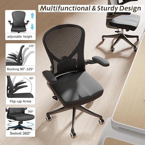 Miniatura 6 de Silla de oficina ergonómica con reposabrazos ajustables abatibles y soporte lumbar, silla de escritorio con cojín grueso con ruedas, silla de