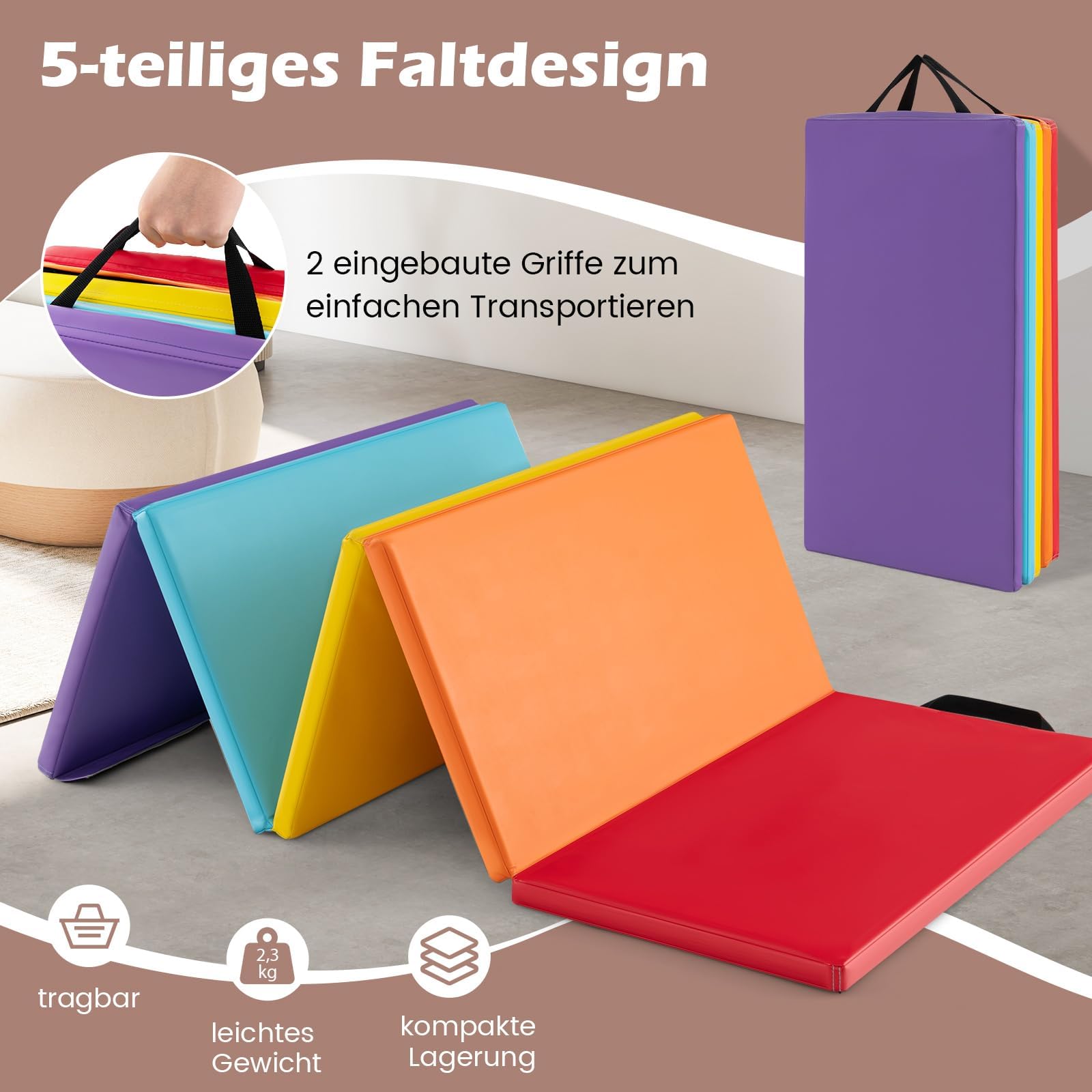 FANTASK Tapis de gymnastique en polyuréthane, pliable, avec poignée de transport, tapis de sport, tapis de fitness, pour enfants et adultes, 200 x 75 x 3 cm