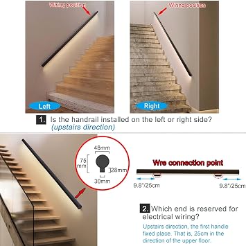 Wall Handrail with Motion Sensor Light, Hand Railing with LED Light, Sturdy Safety Stairs Handrail for Indoor Stairs, Matte Black (Size : Right-31 (80cm))