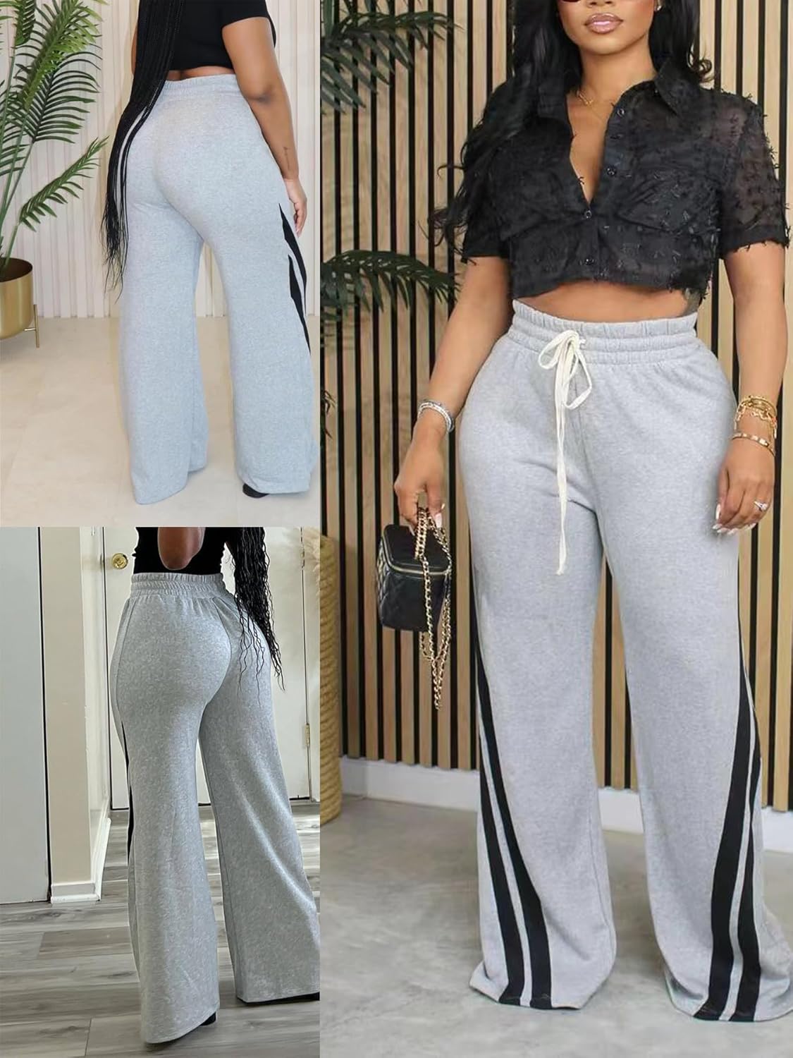 Wonen's Wide Leg Sweatpants Women Striped Drawstring Hight Waisted Baggy Jogger Track Trousers - Image 4