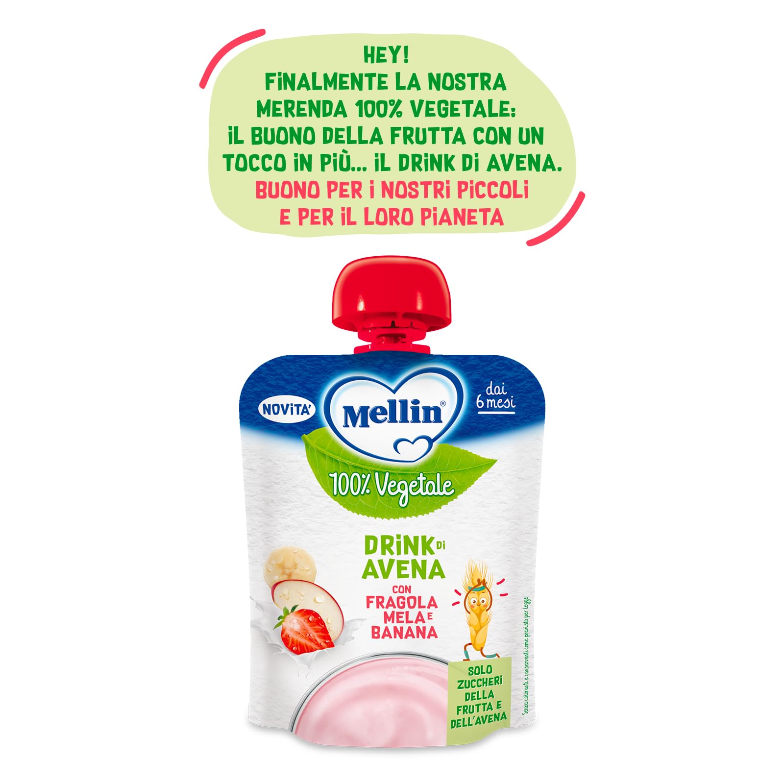 MELLIN Merenda 100% Vegetale, Pouch Avena, gusto Mela Fragola e Banana 90g, Senza Zuccheri Aggiunti - 6 Confezioni da 90g
