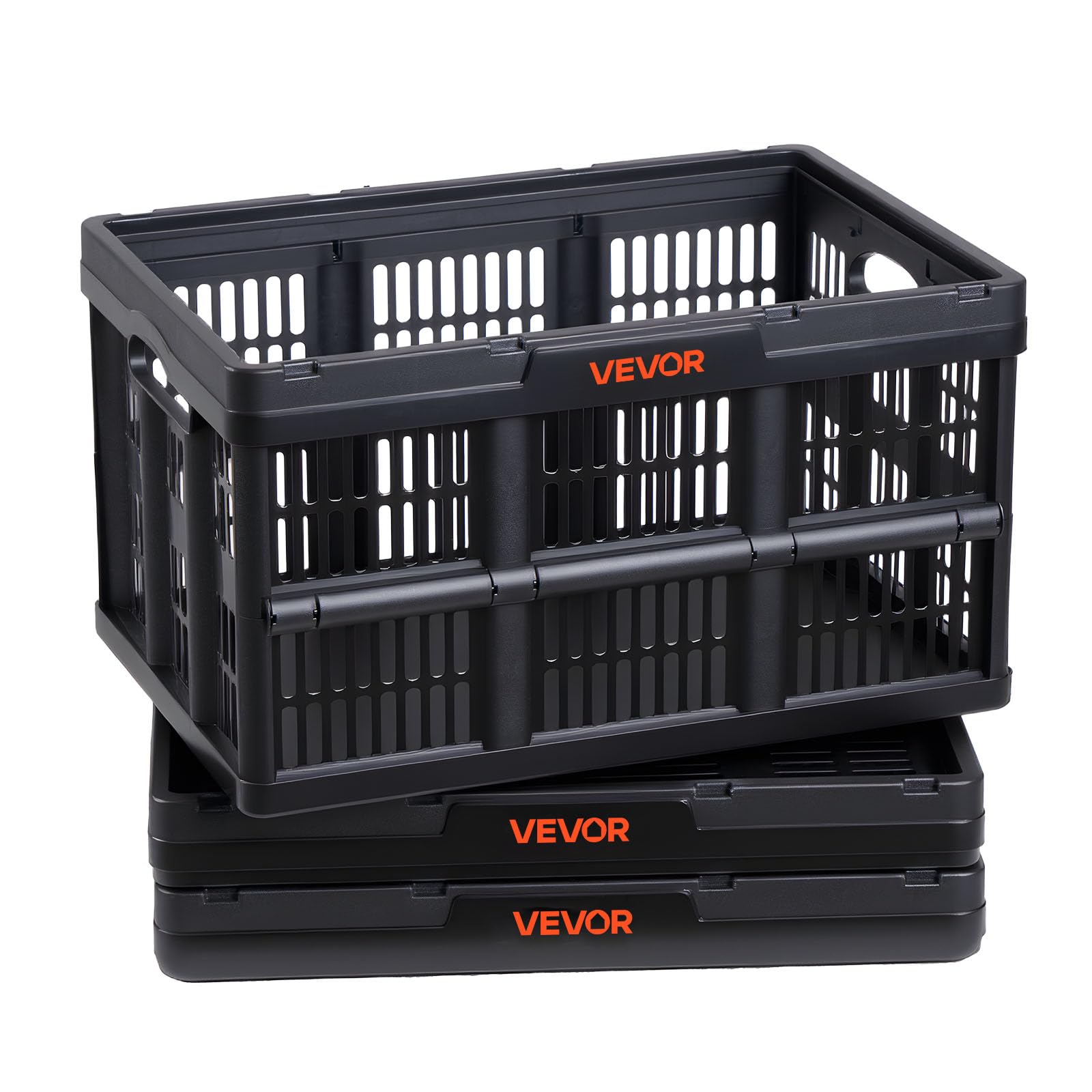 VEVOR Caisse Plastique Pliable 45 L Lot de 3, Cagette Pliable avec Poignées, Charge Max. 15 kg par Caisse, Bac de Rangement Empilable pour Maison, Camping, Voiture et Courses, Organisateur de Coffre