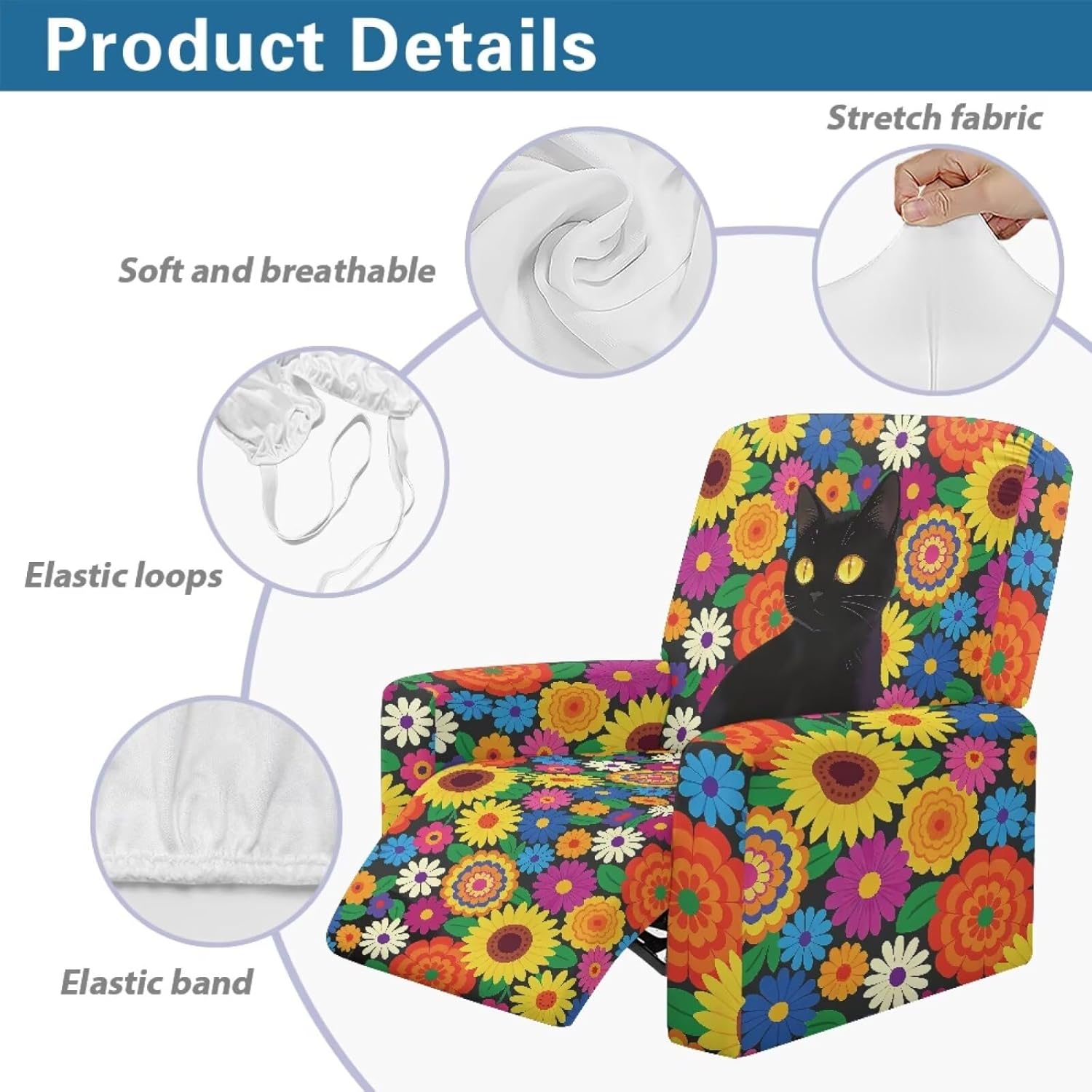 Hippie Flower Black Cat Daisy Print Recliner Slipcover Washable Couch Cover with Non Slip and Elastic Straps 4 Pieces Recliner Chair Cover Stretch Sofa Slipcover with Storage Pocket
