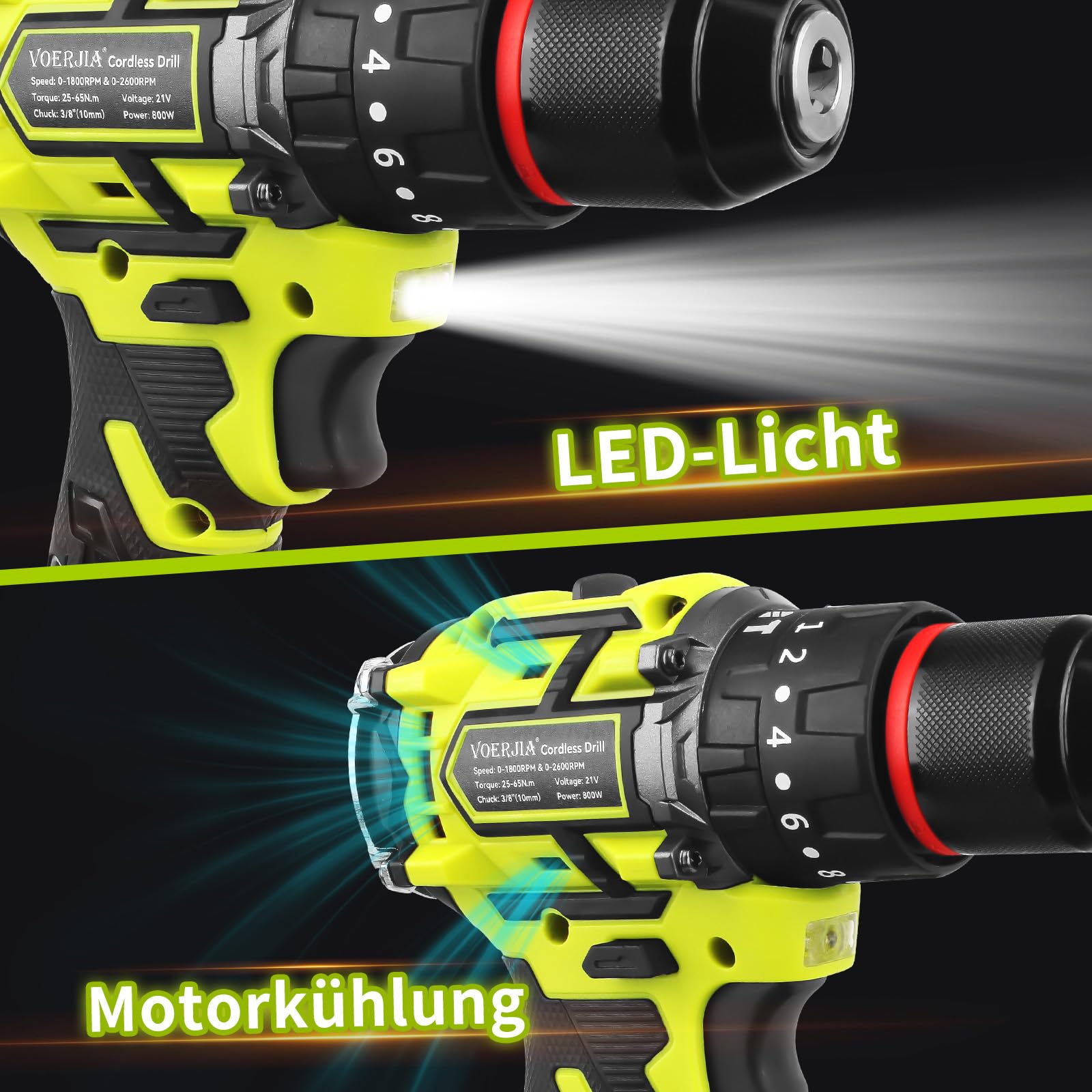 VOERJIA Set avvitatore a batteria, 21 V, trapano a batteria senza spazzole, 2 x 2000 mAh, mandrino 3/8", coppia 20 + 3, trapano max 65 N.m, luci LED e 2 marce, 46