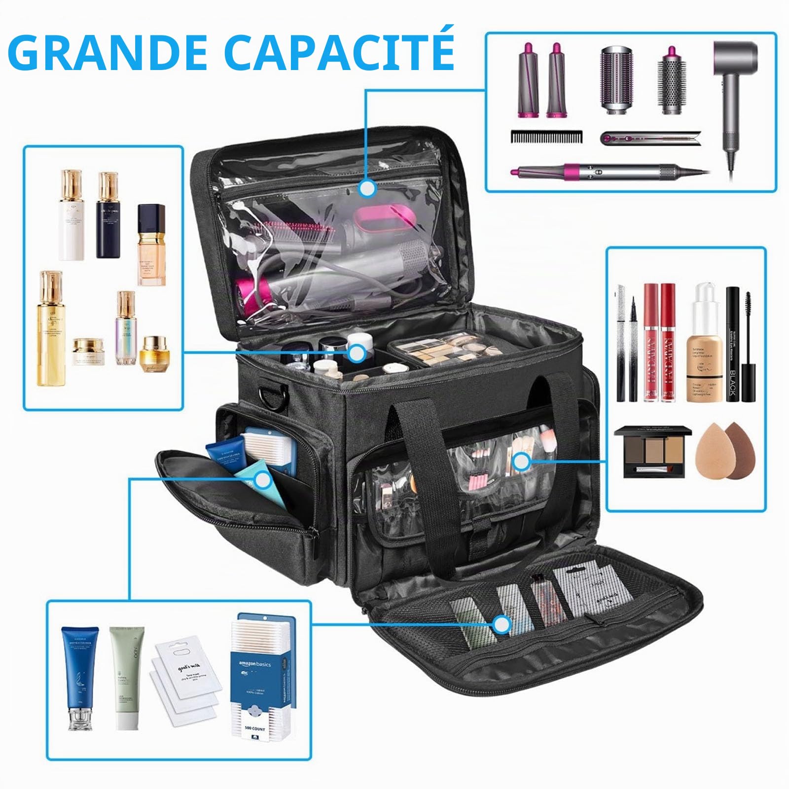 Grande trousse de maquillage avec 2 poches amovibles, séparateurs amovibles et bandoulière, sac de rangement professionnel pour fournitures capillaires, articles de toilette, salon de beauté, barbier