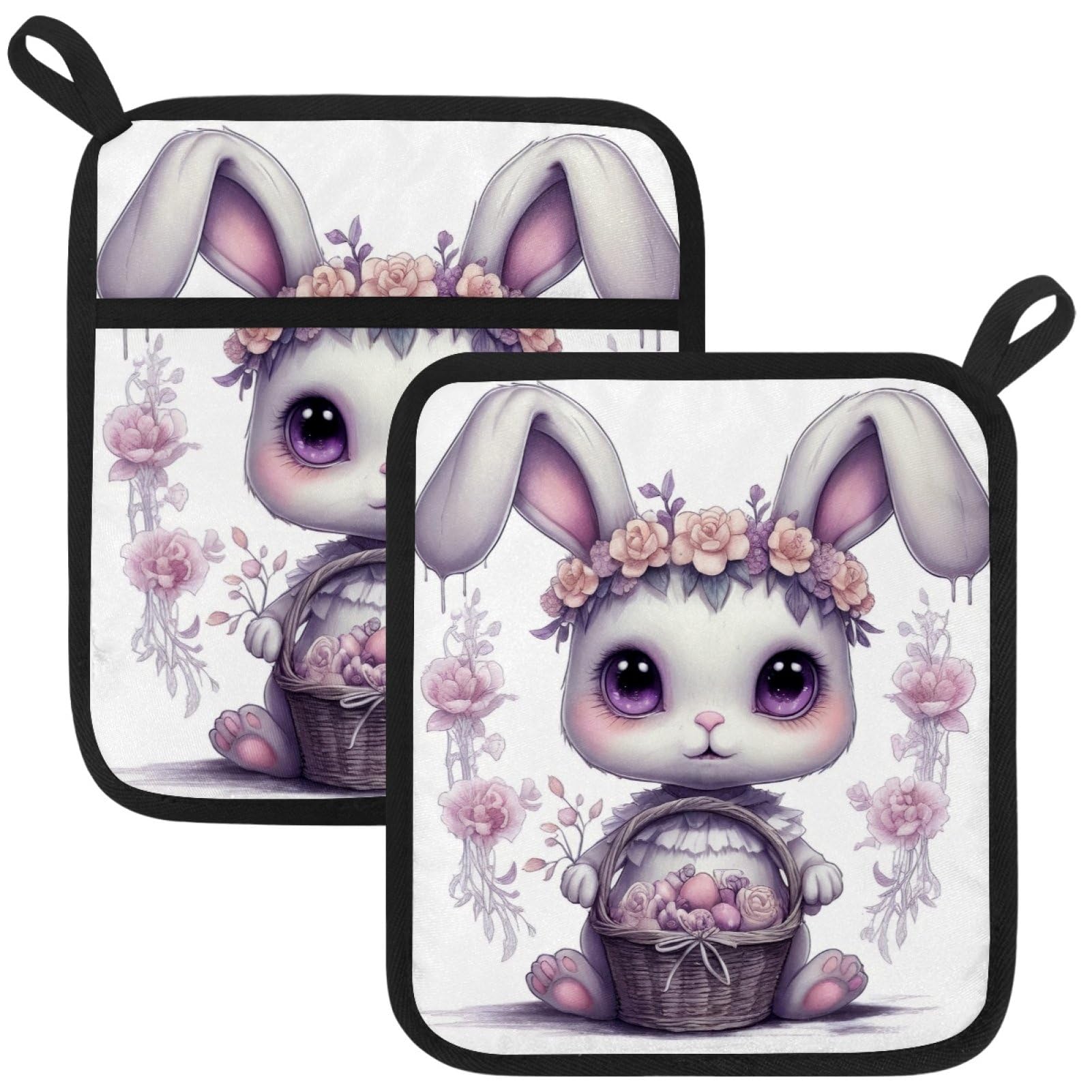 VAPOKF Bunny Flower Kitchen Hot Pot Holder, Pot Holders Heat Resistant Pot Holder with Pocket Heat Resistant Trivets for Hot Pans Cotton Pot Mitts for Kitchen Cooking Baking