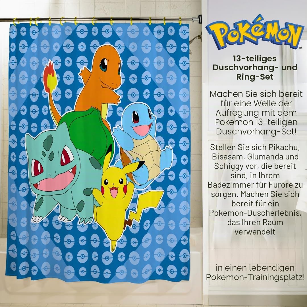 Franco Pokemon Anime 13-teiliges Duschvorhang und Ring-Set, (100% offizielles Lizenzprodukt)