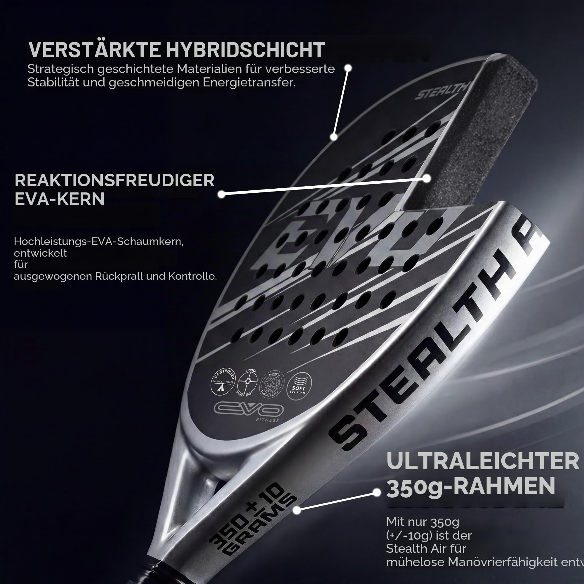 EVO Fitness Padel Racket – Soft Eva Foam Core for Maximum Control – 350g Lightweight Paddle Rackets for Adults – Extra Large 525cm² Head Surface Padel Tennis Racket