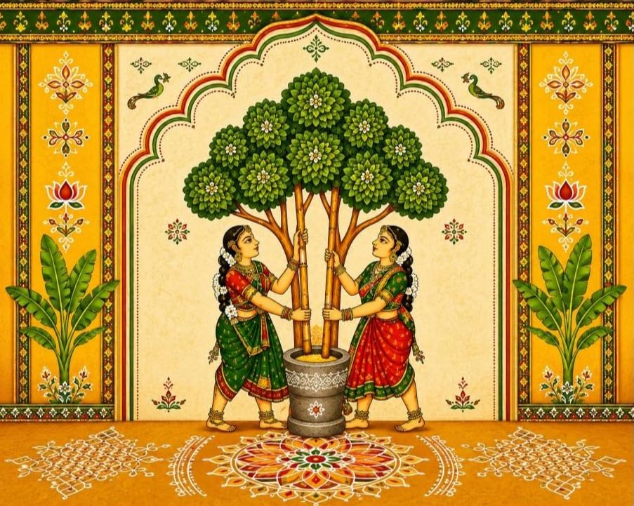 Image of roka Ceremony Decoration Backdrop | Wedding Ceremony Backdrop | Ethnic Indian Yellow Backdrop with Two Women, Tree, and Banana Leaves 8x8 Feet | varalakshmi Pooja Backdrop