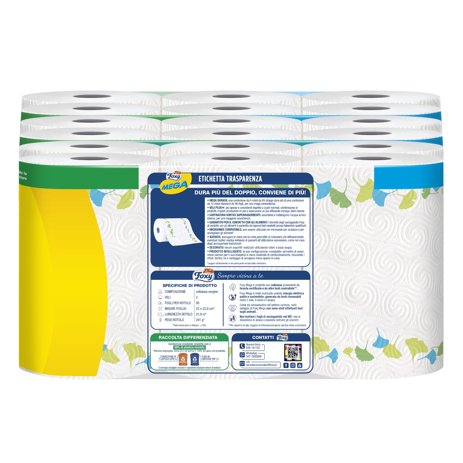 Foxy Mega | Asciugatutto Lunga Durata 18 Rotoli | 95 Strappi Per Rotolo | Decorato| Certificazione PEFC | Confezione Riciclabile Prodotta Con Plastica Riciclata