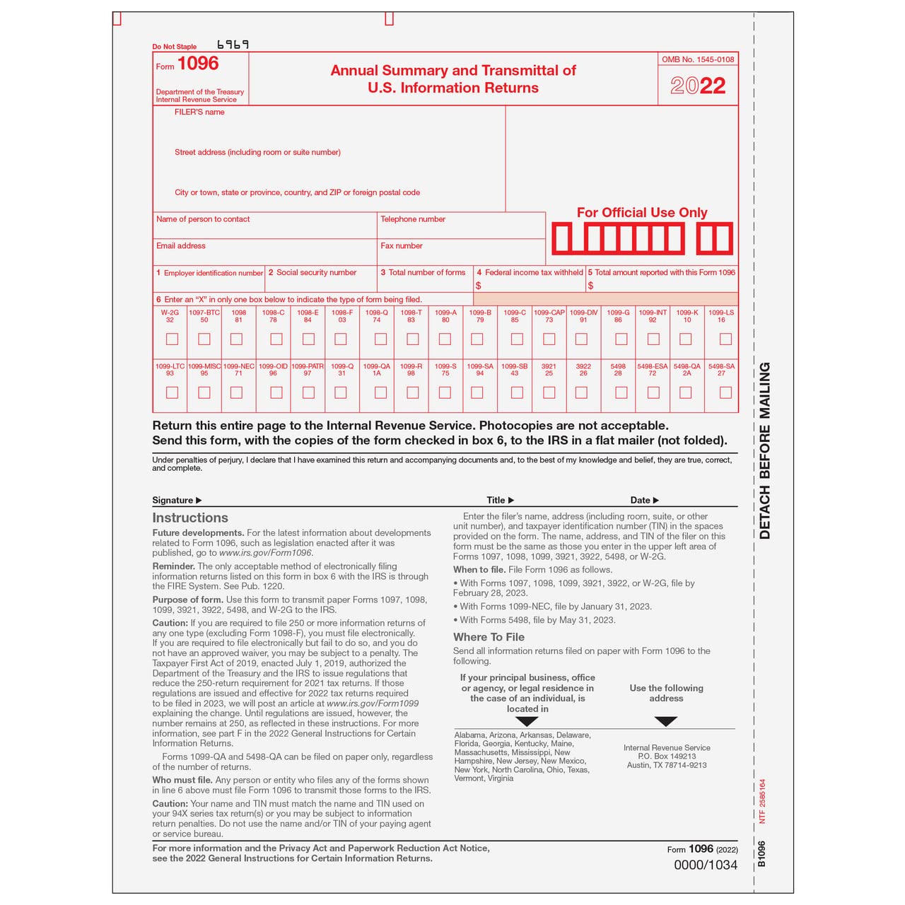 Amazon.com : 2022 IRS Regulated 1096 Tax Forms (Package of 5 Forms) :  Office Products