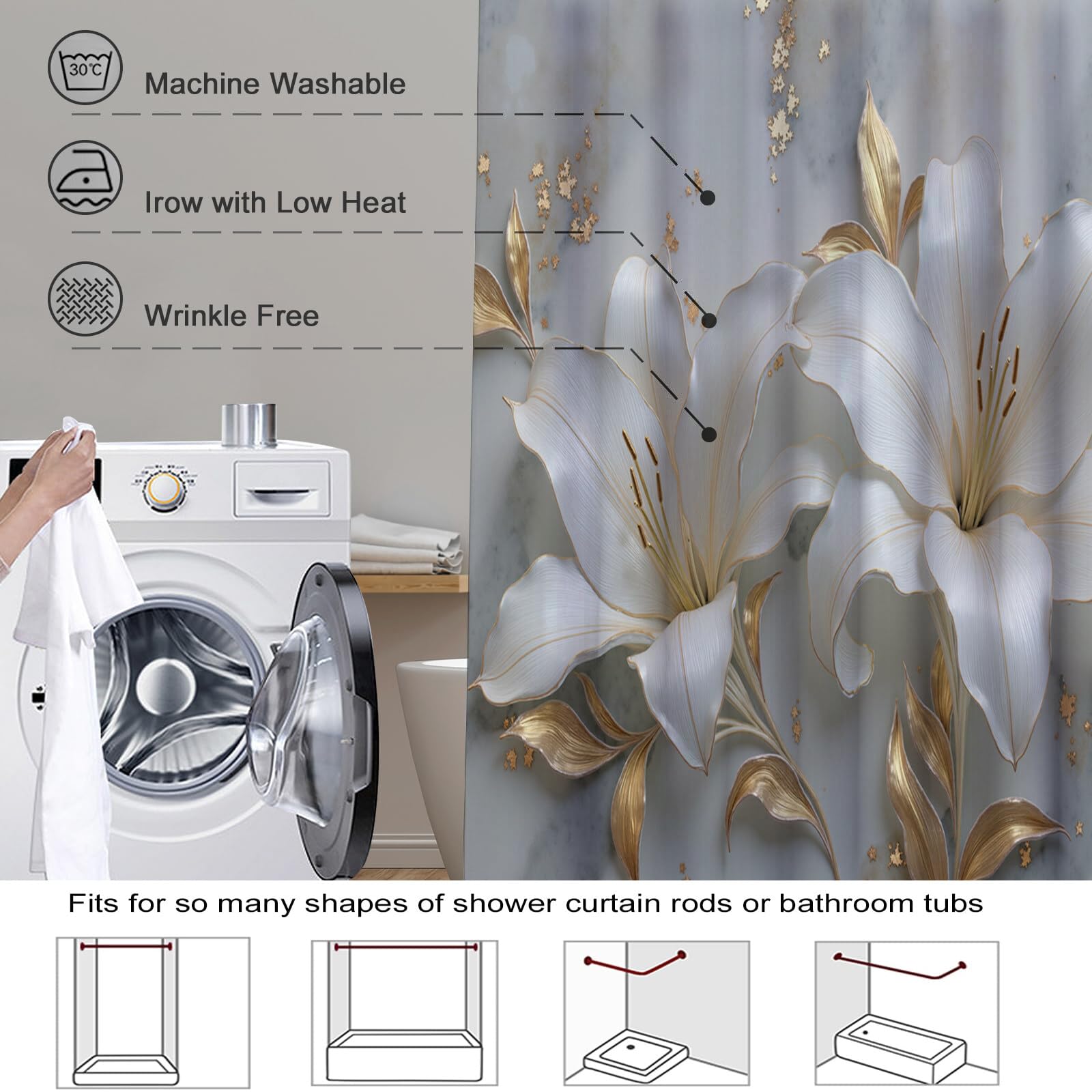Rideau Douche,Rideau Baignoire Lavable en Machine Rideaux Douche Tissus Lavable Rideau De Baignoire Lavable pour Salle De Bain Domicile Baignoire Famille,Lys Marbré,