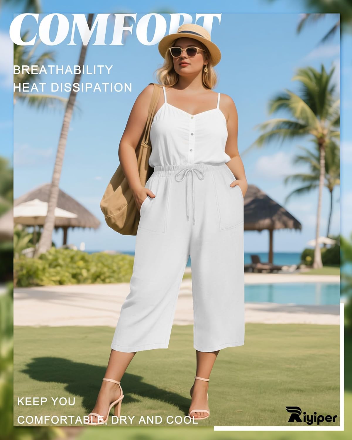 Riyiper 2 Pack Women's Plus Size Cotton Linen Blend Capri Pants, Wide Leg High Waist Casual Drawstring Trouser with Pockets