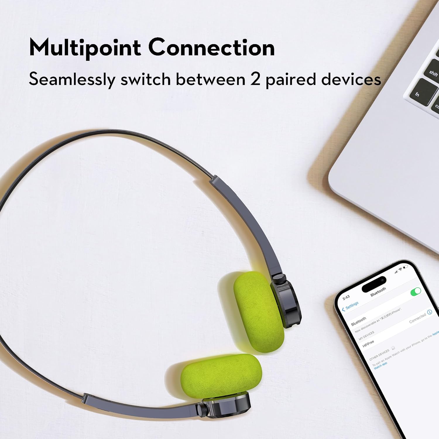 mifo FiiTii HiFiFree headphones connected to a smartphone and a laptop, illustrating multipoint connection