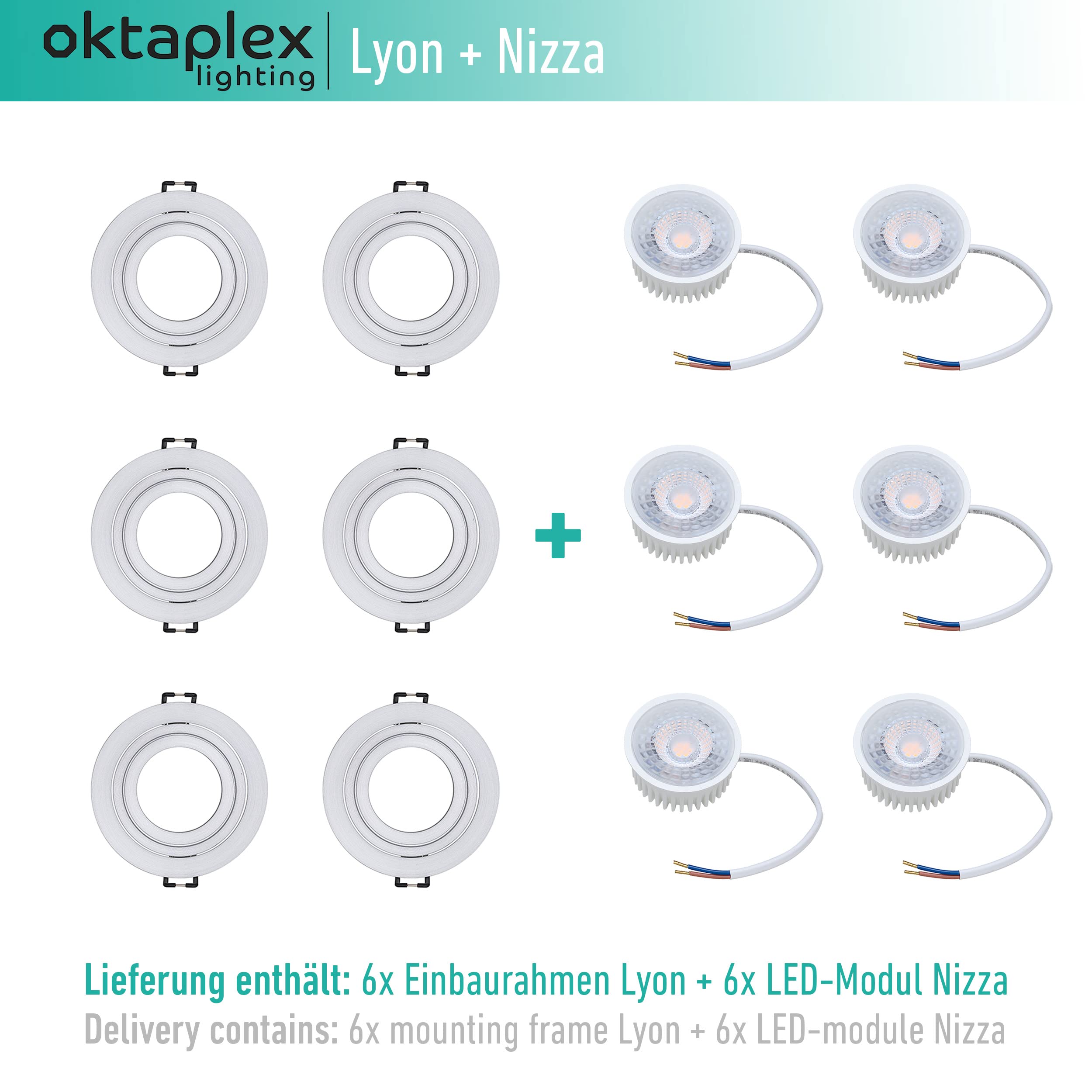 Oktaplex - Juego de 6 focos empotrables con módulo LED (3 niveles regulables, aluminio lion, 4,8 W, 2700 K, 230 V, 380 lm, luz blanca cálida, diámetro de montaje: 80 mm, redondo)