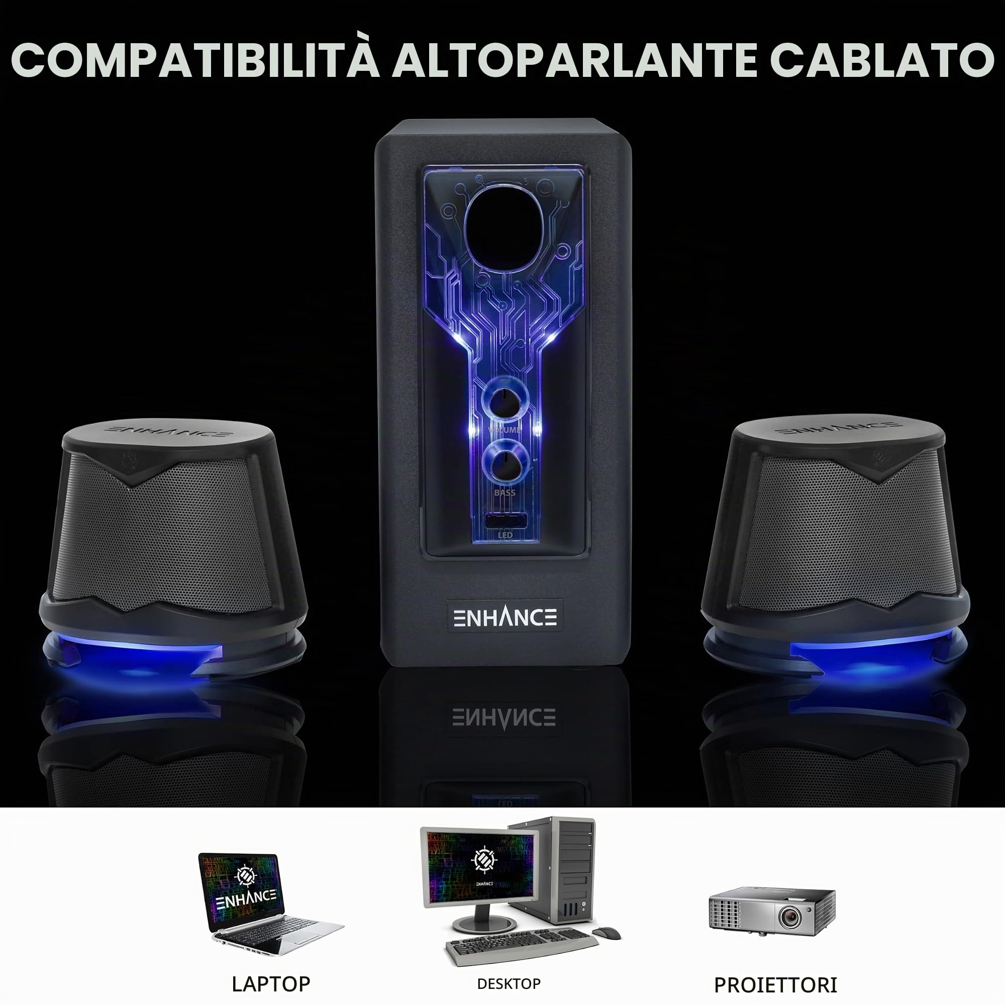 ENHANCE SB 2.1 Altoparlanti per Computer con Subwoofer - Casse Gaming con LED Blu, Sistema Audio ad Alta Escursione, con Jack da 3.5mm, Controllo Volume e Bassi, Compatibili con PC Gaming, Laptop