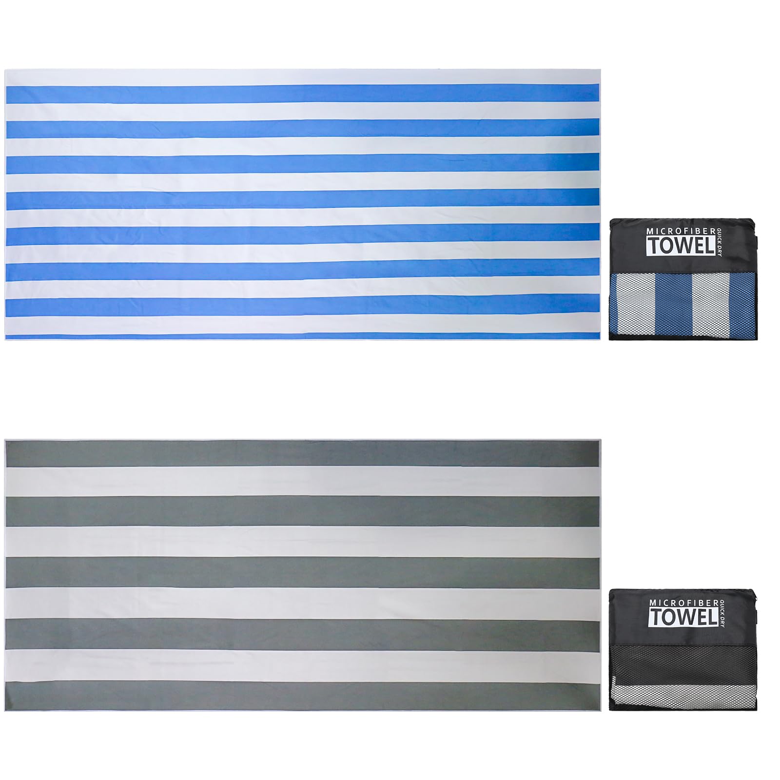 TMEOG Microfibre Beach Towels 2 Pack 180x80cm Extra Large Sand Free Beach Towel for Adults Compact Thin Travel Towel Women Men Lightweight Swim Pool Yoga Towel with Bag(Blue and Grey Stripe)