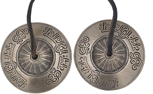 Miniatura 3 de DharmaObjects Platillos Tingsha tibetanos grandes de calidad prémium "Om Namah Shivaya" de 3 pulgadas con bolsa