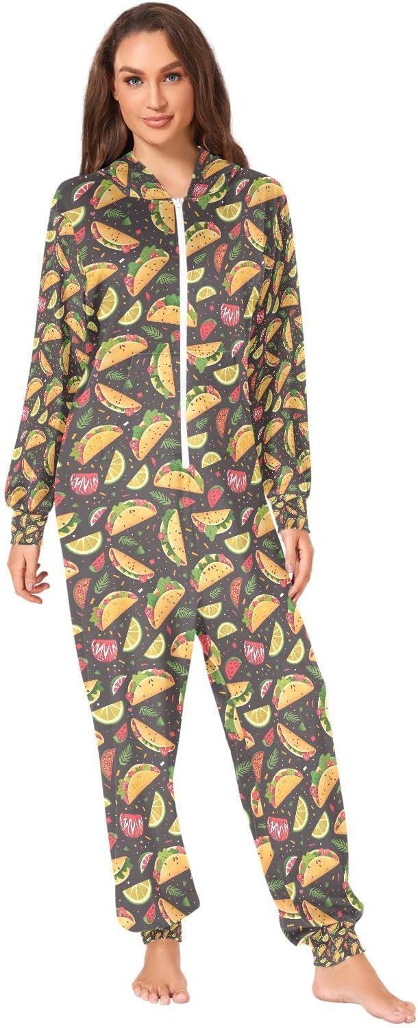 ALAZA Sweet Tacos Lemon Unisex Onesie Hoody Pajamas Jumpsuit One-Piece Sleepwear for Men Women