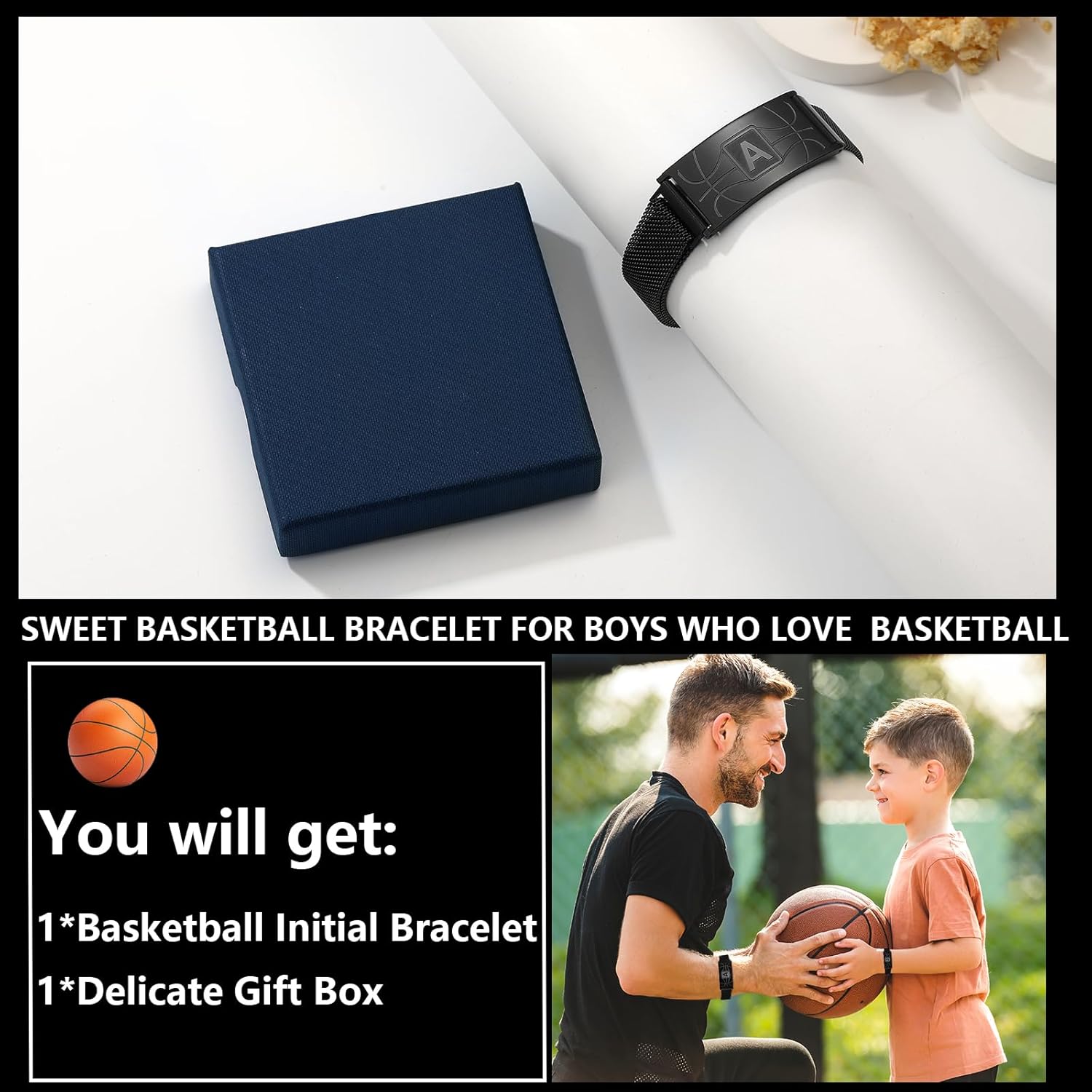 Easter Basket Stuffers - Basketball Initial Bracelet Stainless Steel A-Z Letter Charm Bracelets Adjustable Wristbands Basketball Christmas Gifts Idea for Players Team Lovers Men Boys - Image 6