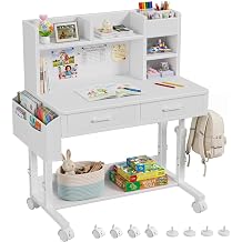 WINAZ Rolling Desk with Drawers Height Adjustable - 32 Inch Small Mobile Desk with Hutch Storage Shelves, Boys Girls Teen Writing Study Art Table, White