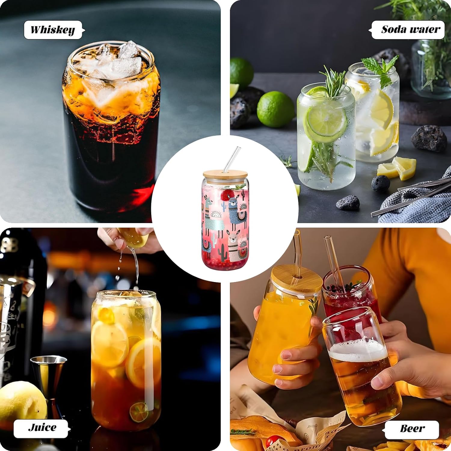 Alpaca Llama Drinking Glass Cup 16 Oz with Bamboo Lid and Straws, Iced Coffee Beer Cocktail Glass Tumbler, Holiday Christmas Birthday Gift for Dad Mom Sister Friends Bestie - Image 7