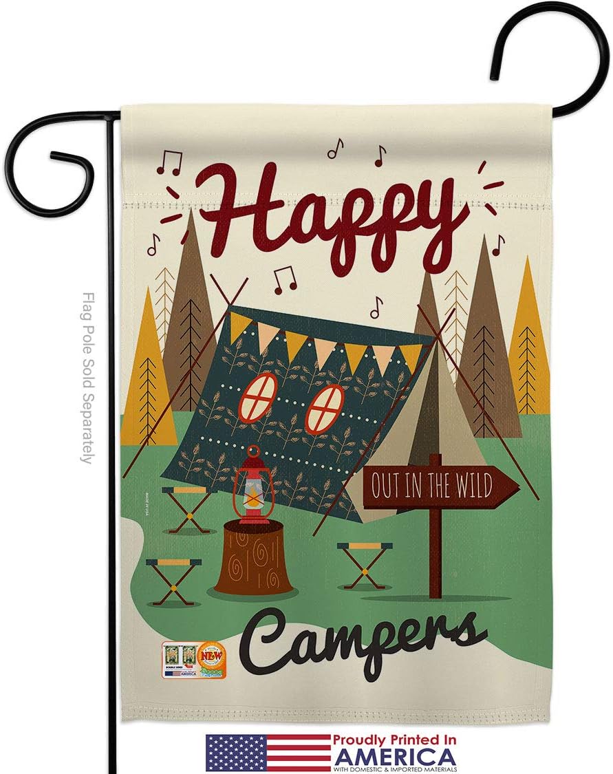 Happy Campers Garden Flag Set Wall Holder Outdoor Camping Rustic Camper RV Trailer Adventure Camp Site Campfire Small Decorative Gift Yard House Banner Made In USA 13 X 18.5