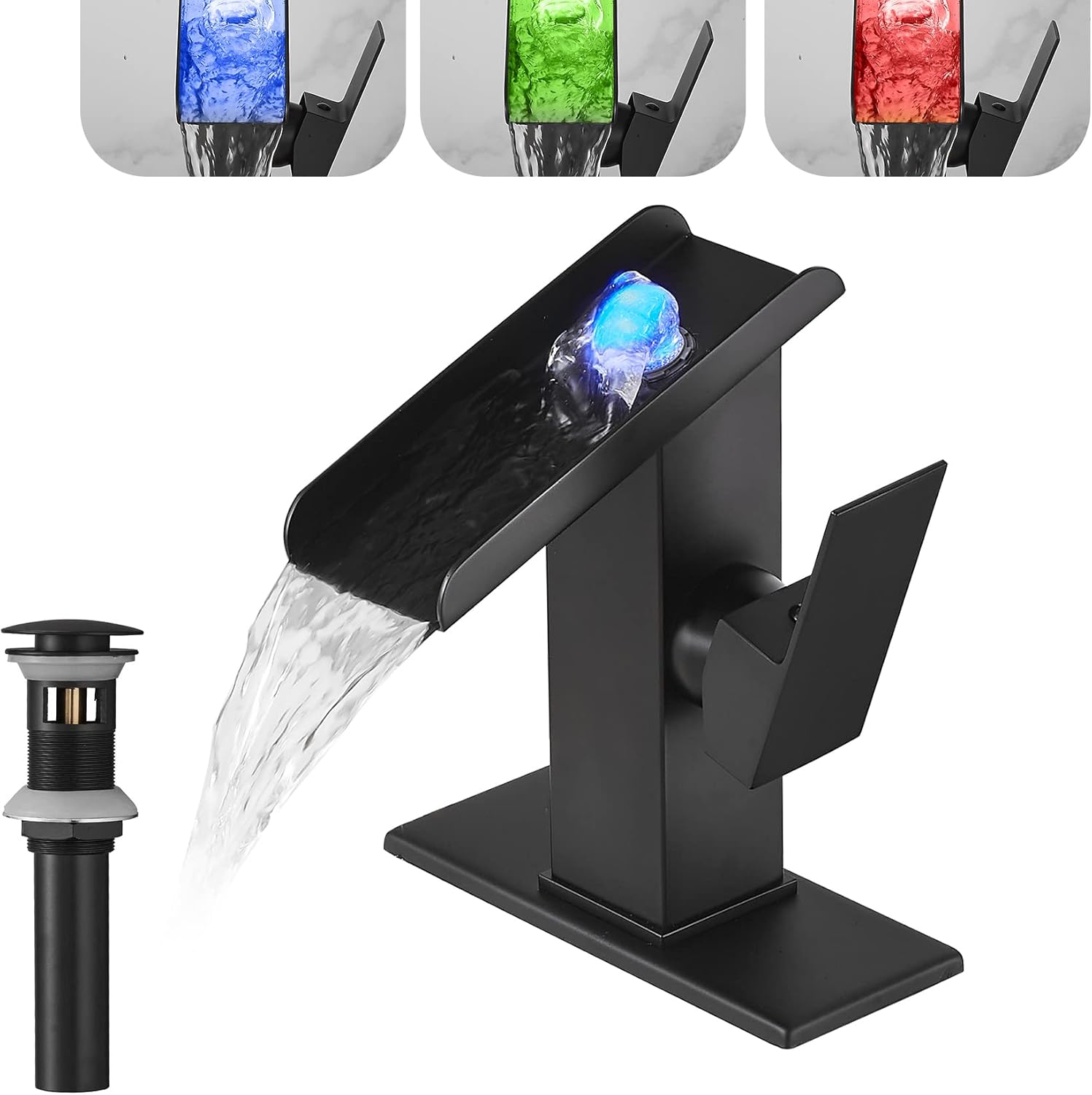 Led Light Color Changing Bathroom Sink Faucet Waterfall Matching Pop Up Drain Stopper with Overflow Black