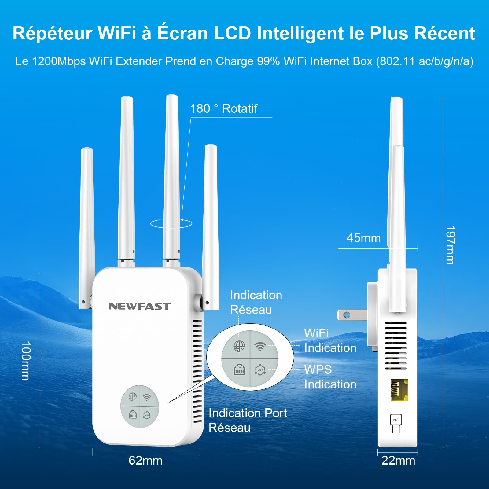NEWFAST Ripetitore WiFi Potente RE523, AC1200 Amplificatore WiFi Potente | 1 Porta Ethernet, Copre fino a 100 m², Ripetitore WiFi Compatibile con Internet Box, Configurazione Facile, Bianco